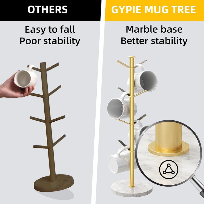 Gypie Gold Mug Holder Tree with Marble Base, 8 Hooks Coffee Cups Holder Stand, New Upgrad Stable Removable Mug Rack for Kitchen Cafe - Image 2